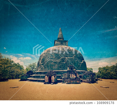 Vintage retro hipster style travel image of Kiri Vihara - ancient dagoba with grunge texture overlaid. Polonnaruwa, Sri Lanka Vintage retro hipster style travel image of Kiri Vihara - ancient dagoba with grunge texture overlaid. Polonnaruwa, Sri Lanka 108909178