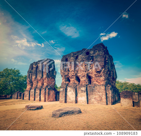 Vintage retro hipster style travel image of ancient Royal Palace ruins - UNESCO World Heritage Site. Polonnaruwa, Sri Lanka 108909183