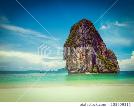 Vintage retro hipster style travel image of Pranang beach. Krabi, Thailand 108909315