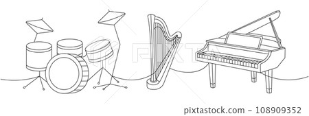 Musical instruments set one line continuous drawing. Drum kit, lyre, wooden harp, grand piano continuous one line illustration. 108909352