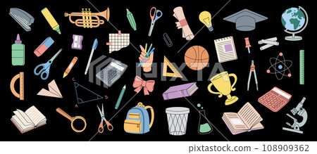 School supplies set. School accessories. Trophy, diploma, notebook, microscope, pencil, paper clip, eraser, schoolbag, globe, scissors, calculator. 108909362