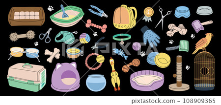 Pet supplies. Animal supplies collection. Sleeping pillow, chew toy, medal, scissors, nail clippers, brush, fur remover, aquarium, backpack carrier Pet supplies. Animal supplies collection. Sleeping pillow, chew toy, medal, scissors, nail clippers, brush, fur remover, aquarium, backpack carrier 108909365