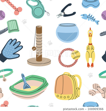 Pet supplies pattern. Animals accessories, toy supplies banner. Sleeping pillow, chew toy, medal, scissors, nail clipper, brush, fur remover, aquarium Pet supplies pattern. Animals accessories, toy supplies banner. Sleeping pillow, chew toy, medal, scissors, nail clipper, brush, fur remover, aquarium 108909366
