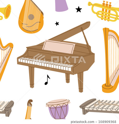 Musical instruments seamless banner. Tuba, trumpet, drum flute, french horn, lute, violin, electric bass guitar. Colored musical instruments pattern 108909368