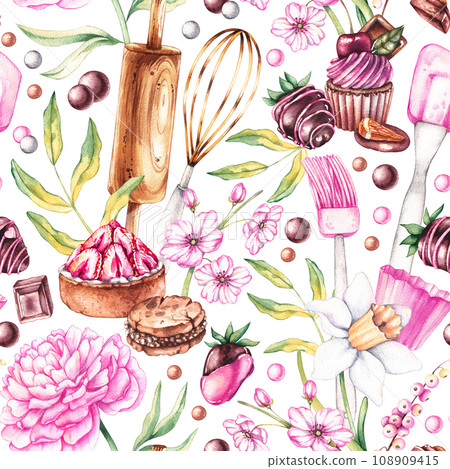 Watercolor seamless pattern with desserts, baking tools, flowers Watercolor seamless pattern with desserts, baking tools, flowers 108909415