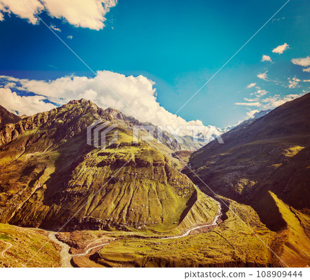 Vintage retro effect filtered hipster style travel image of Himalayan valley in Himalayas. Lahaul valley, Himachal Pradesh, India 108909444
