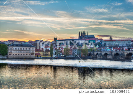 HDR image of view of Charles bridge over Vltava river and Gradchany (Prague Castle) and St. Vitus Cathedral 108909451