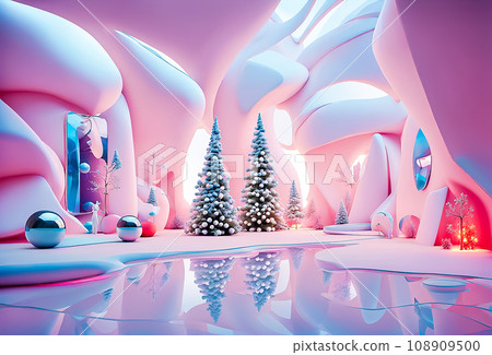 Futuristic interior and Christmas decorations Futuristic interior and Christmas decorations 108909500