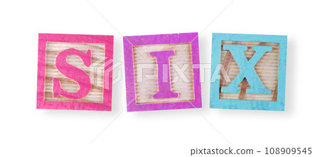 Six concept with childs wood blocks clipping path 108909545