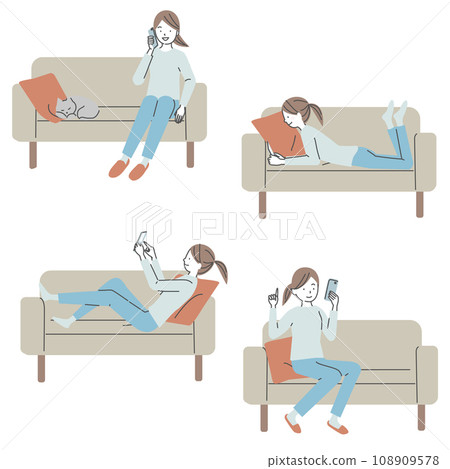 Illustration set of a woman using a smartphone on the sofa 108909578