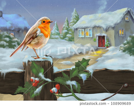 Winter landscape with robin Winter landscape with robin 108909689