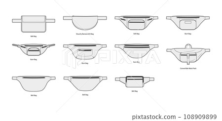 Set of Belt Bum silhouette bags. Fashion accessory technical illustration. Vector satchel front 3-4 view for Men, women Set of Belt Bum silhouette bags. Fashion accessory technical illustration. Vector satchel front 3-4 view for Men, women 108909899