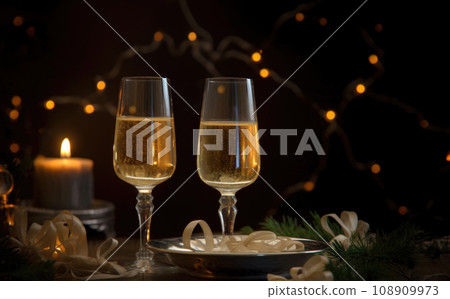 Template for holiday party invitation with two glasses of champagne on New Year's table on black.  108909973