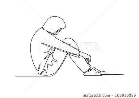 Single one line drawing of frustration young businessman sitting on the floor. Depression disorder, sad, sorrow, disappointment symptom. Modern continuous line draw design graphic vector illustration Single one line drawing of frustration young businessman sitting on the floor. Depression disorder, sad, sorrow, disappointment symptom. Modern continuous line draw design graphic vector illustration 108910059