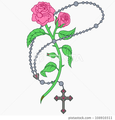 Catholic rosary with roses and petals 108910311