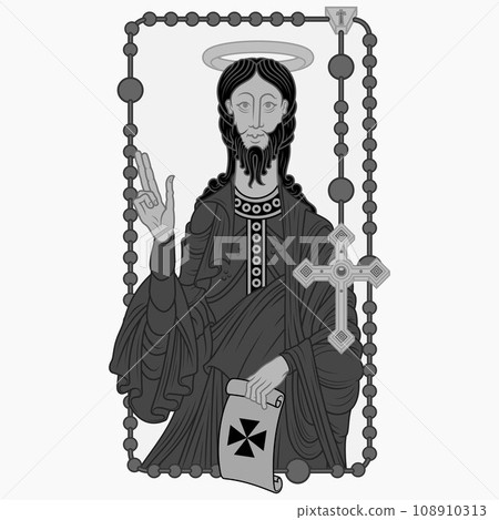 Apostle Santiago with Christian rosary as a frame 108910313