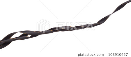 Black ribbon long straight fly in air with curve roll shiny. Black ribbon for present gift birthday party to wrap around decorate and curl curve long straight. White background isolated 108910437