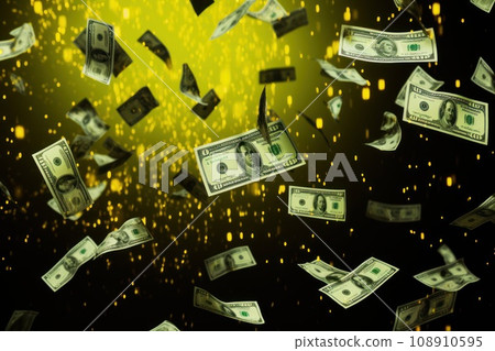 dollar bills falling with colorful background 108910595