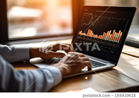 Close-up of business person's hand using a laptop with charts and graphs displayed on the screen 108910618