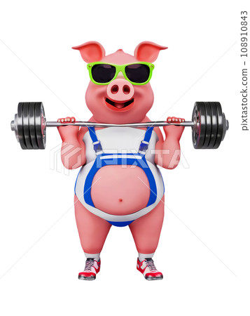 Illustration of a fat pig lifting weights and exercising [AI generated image] 108910843
