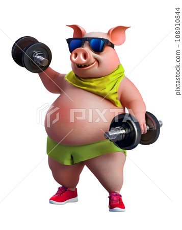 Illustration of a fat pig lifting weights and exercising [AI generated image] 108910844