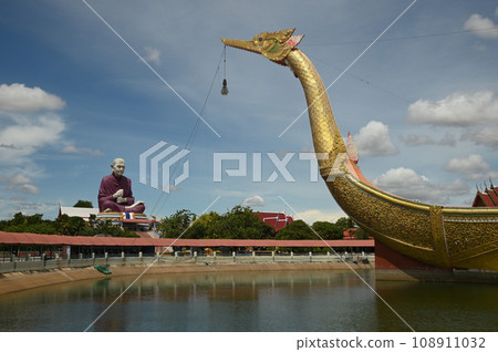 The largest model of the Suphannahong ship in the world. Built in a pond and statue of Somdet Toe Phrom Rangsi at Wat Sra Long Ruea. Located at Kanchanaburi Province in Thailand. The largest model of the Suphannahong ship in the world. Built in a pond and statue of Somdet Toe Phrom Rangsi at Wat Sra Long Ruea. Located at Kanchanaburi Province in Thailand. 108911032