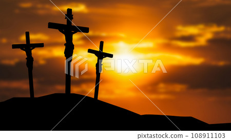 The Crucifixion Of Jesus Christ in twilight sky 3d rendering. 108911103