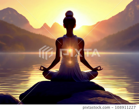 Illustration of a young Asian woman meditating in zazen [AI generated image] 108911227