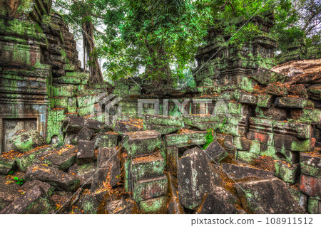 High dynamic range (hdr) image of ancient ruins with trees, Ta Prohm temple, Angkor, Cambodia 108911512