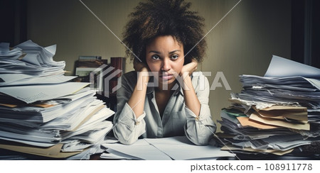 Stressed and exhausted office worker with pile of document without comeliness Stressed and exhausted office worker with pile of document without comeliness 108911778