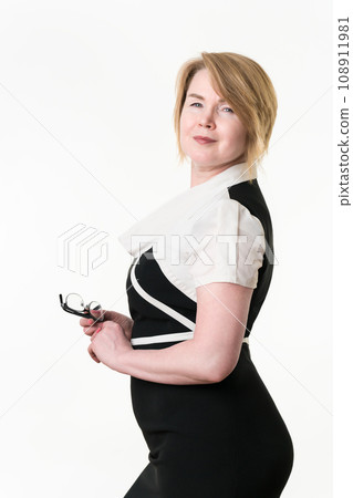 Sensuality curvy middle aged adult business woman looking at camera. European mature adult female 108911981