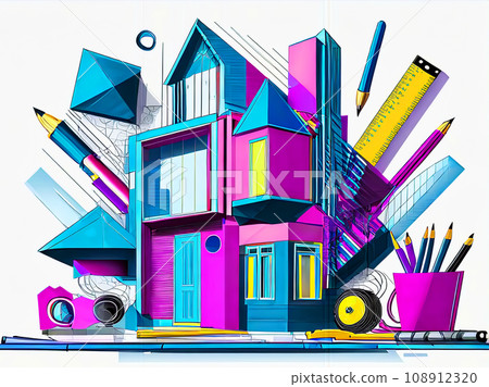 用文具和工具設計的藝術房子的插圖[AI生成的圖像] 108912320