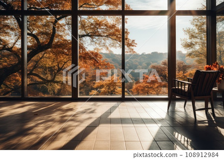 Living room inside a forest apartment, big glass windows Living room inside a forest apartment, big glass windows 108912984