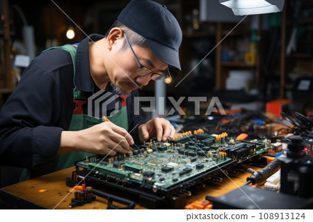 Engineer hand holds soldering iron and tin-lead to solder electronic board. Generative AI Engineer hand holds soldering iron and tin-lead to solder electronic board. Generative AI 108913124