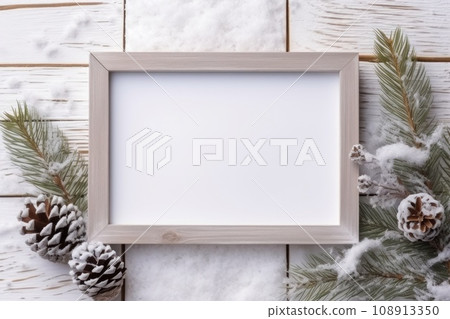 Flat lay photo of an empty large picture frame, winter theme. Generative AI Flat lay photo of an empty large picture frame, winter theme. Generative AI 108913350