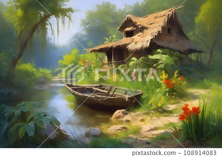 a Calm river on a summer evening, oil painting 108914083