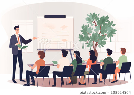 businessman presents in conference room, flat illustration 108914564