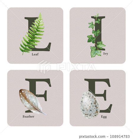 Wild life nature sign with nature elements. Watercolor illustration. Wildlife nature element decoration. Decorative square forest life sign from letters with leaves, feathers, eggs. White background 108914783