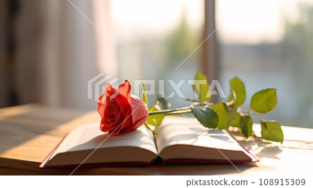 Beautiful pink rose on an open book with morning sunlight near window, book lovers and love concept, romantic valentine s day background. Generative AI Beautiful pink rose on an open book with morning sunlight near window, book lovers and love concept, romantic valentine s day background. Generative AI 108915309