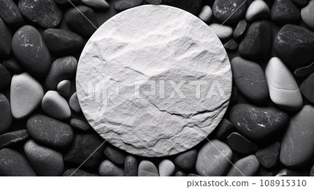 Beautiful white stone circle with black pebbles stone, top view, tranquility of nature, minimal style material textured background. Generative AI Beautiful white stone circle with black pebbles stone, top view, tranquility of nature, minimal style material textured background. Generative AI 108915310