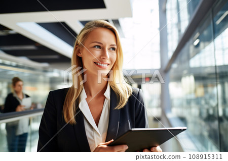 Beautiful young businesswoman with professional look, smiling holding a tablet computer in modern office building, successful woman and business concept. Generative AI Beautiful young businesswoman with professional look, smiling holding a tablet computer in modern office building, successful woman and business concept. Generative AI 108915311