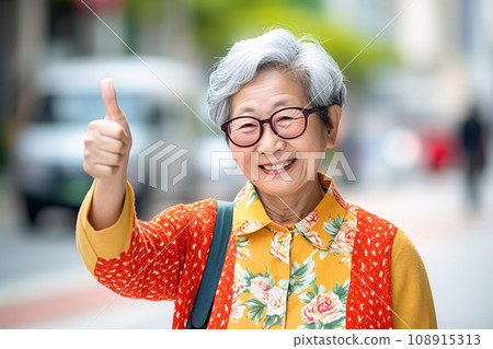 Cheerful asian elderly woman smiling and thumbs up, city street background, senior lady giving positive feedback or highly recommend something. Generative AI 108915313