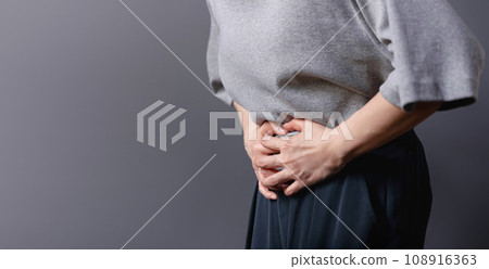 Ovarian and Cervical Cancer. Woman Touching on Lower Abdomen in Pain, Female Reproductive System, Uterus, Women's Health, PCOS and Gynecology Ovarian and Cervical Cancer. Woman Touching on Lower Abdomen in Pain, Female Reproductive System, Uterus, Women's Health, PCOS and Gynecology 108916363