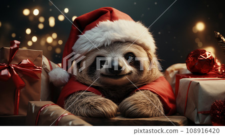 sloth in santa costume, festive holiday wildlife photography.Created with Generative AI technology. 108916420
