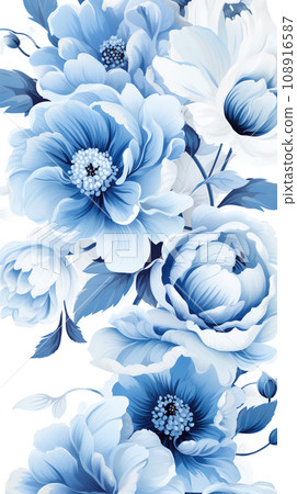 AI-generated content. Flowers on a white, dusty blue peonies, floral pattern, greeting card template 108916587