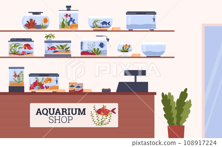 Aquarium shop: counter and racks flat style, vector illustration 108917224