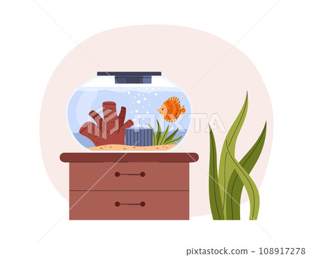 Round aquarium with cute yellow swimming fish stands on nightstand 108917278