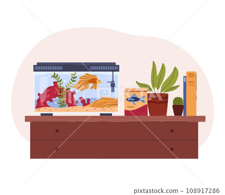 Cute home aquarium on dresser flat style, vector illustration Cute home aquarium on dresser flat style, vector illustration 108917286