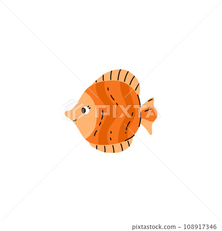 Beautiful orange fish with small tail and fins, aquarium fish, vector cartoon aquarium marine fauna, aquatic pet 108917346