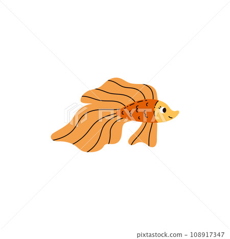 Beautiful goldfish with large tail and fins, orange aquarium fish, vector cartoon aquarium marine fauna, aquatic pet 108917347